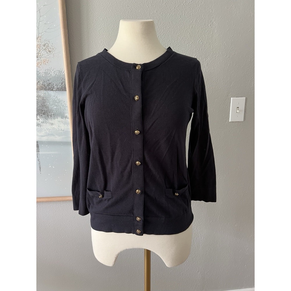 Talbots Cardigan Sweater Medium Black Gold Knot Button Cotton Preppy Military